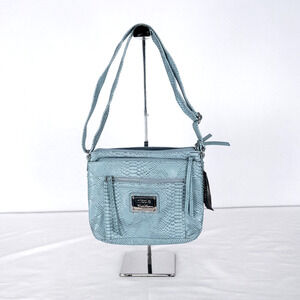 Nicole Miller Mia Large Crossbody Purse Blue Stone Faux Snake Skin Vegan Leather
